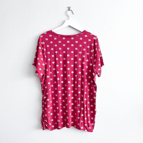 Lane Bryant Women's Polka Dot Ruched Short Sleeve Blouse Pink Silver Size 18/20 - Picture 2 of 7
